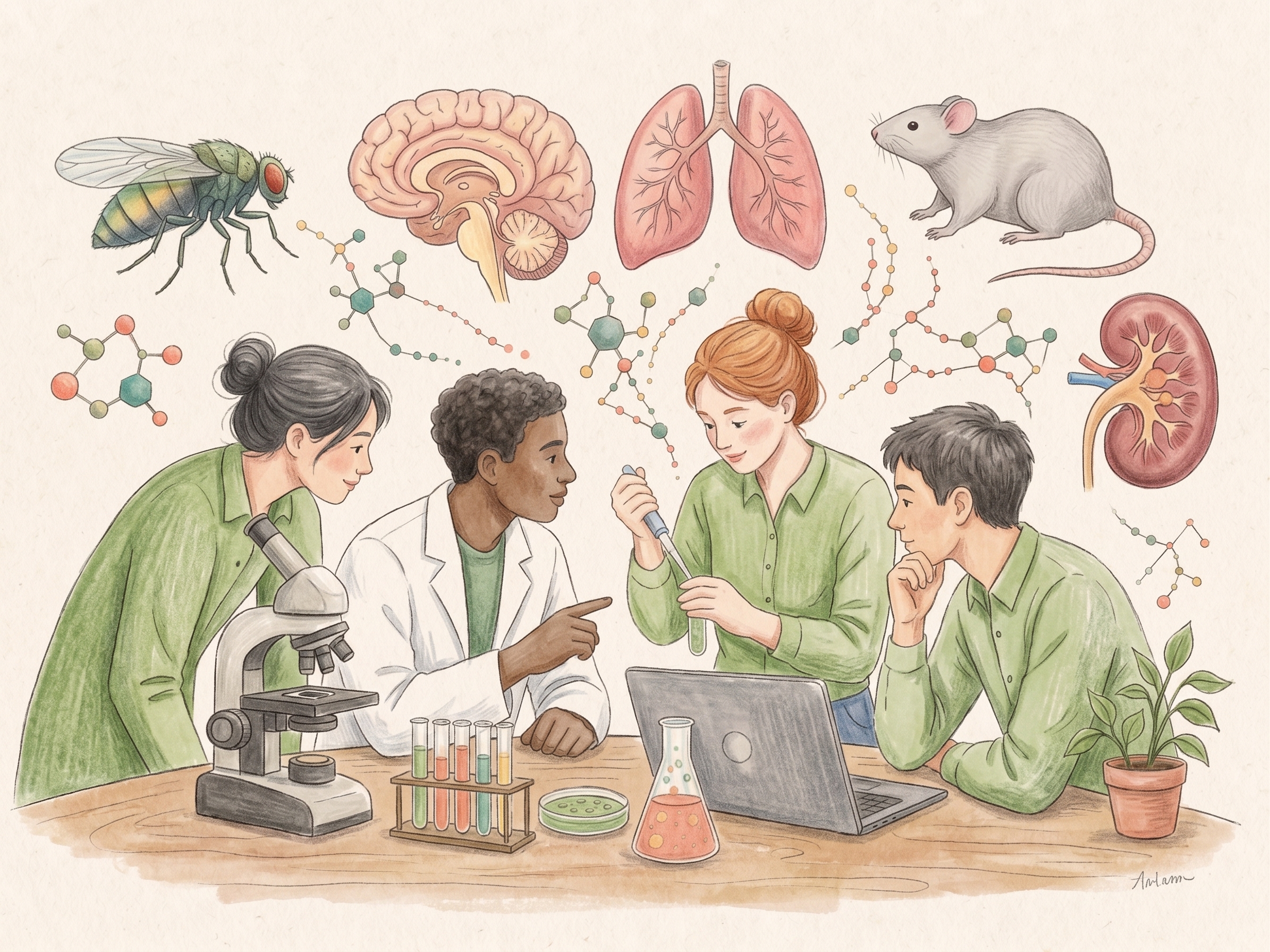 Hand-drawn illustration of a diverse research team working together among experimental models, organs, and molecular pathways.