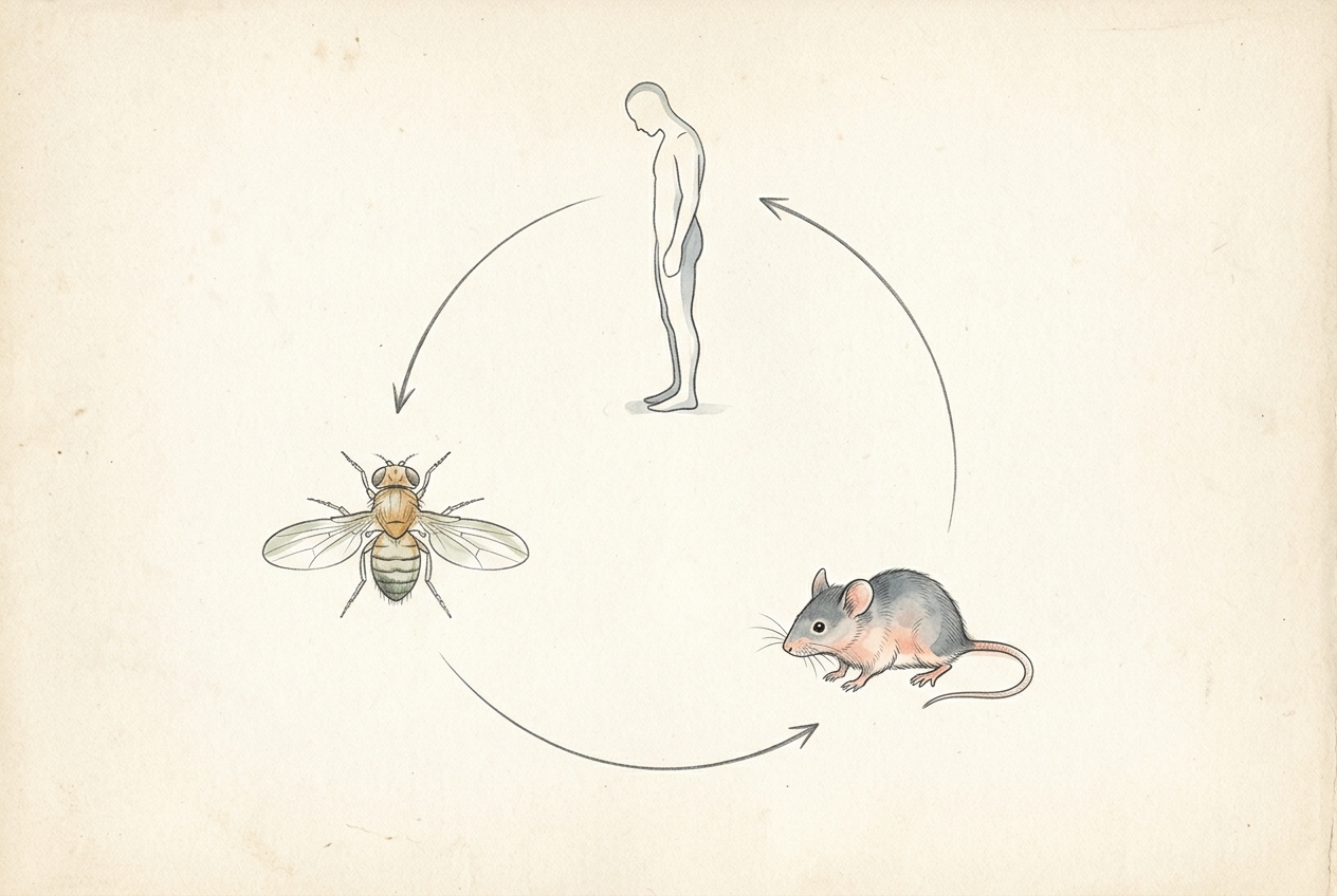 Hand-drawn scientific illustration showing a translational discovery cycle connecting patient data, Drosophila modeling, and mouse validation.