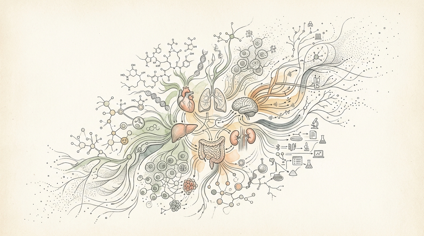 Hand-drawn scientific illustration connecting organs, cells, molecular pathways, and laboratory tools in systemic disease research.