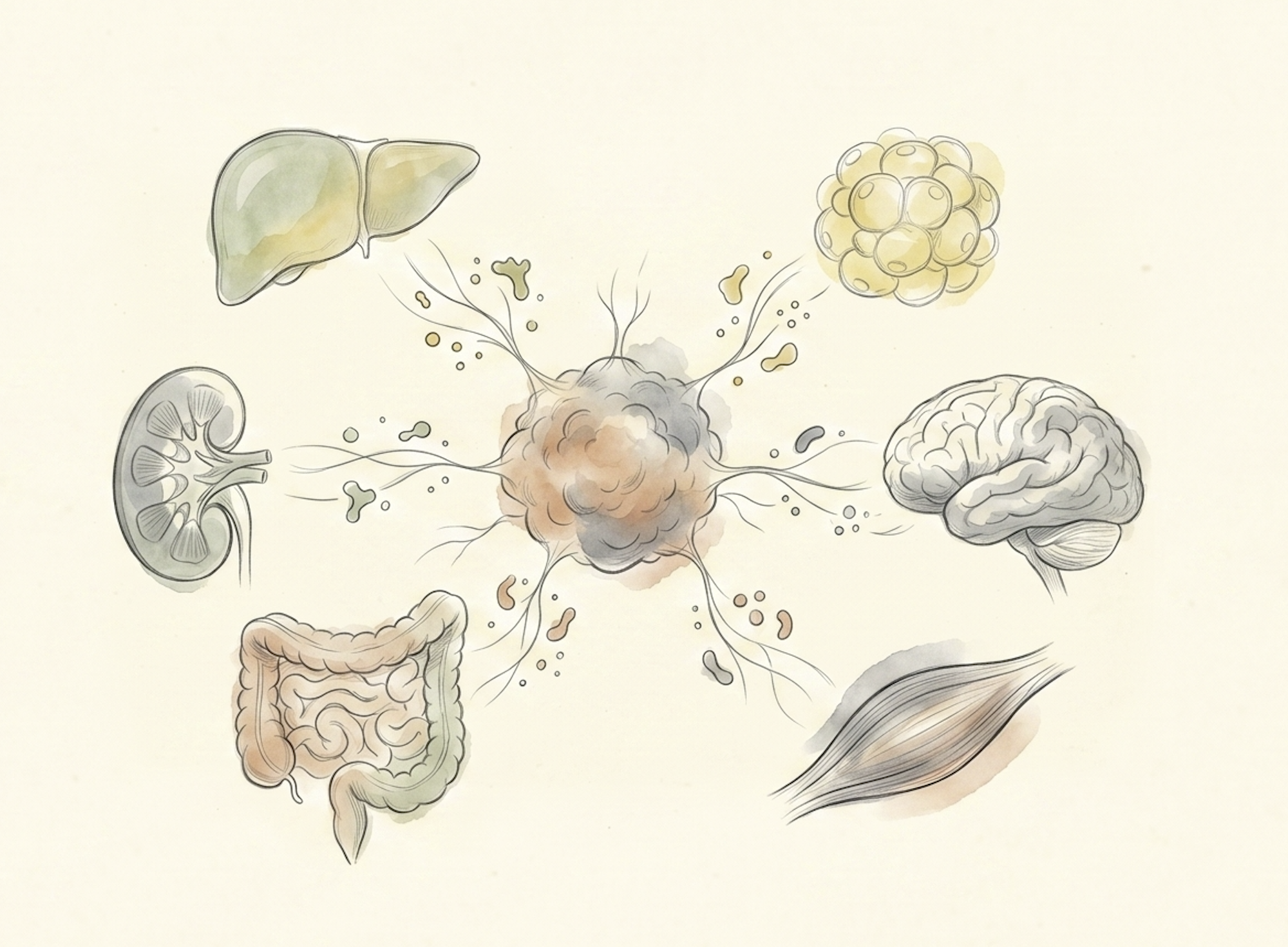 Hand-drawn scientific illustration of a tumor exchanging signals with the liver, kidney, brain, gut, adipose tissue, and skeletal muscle.