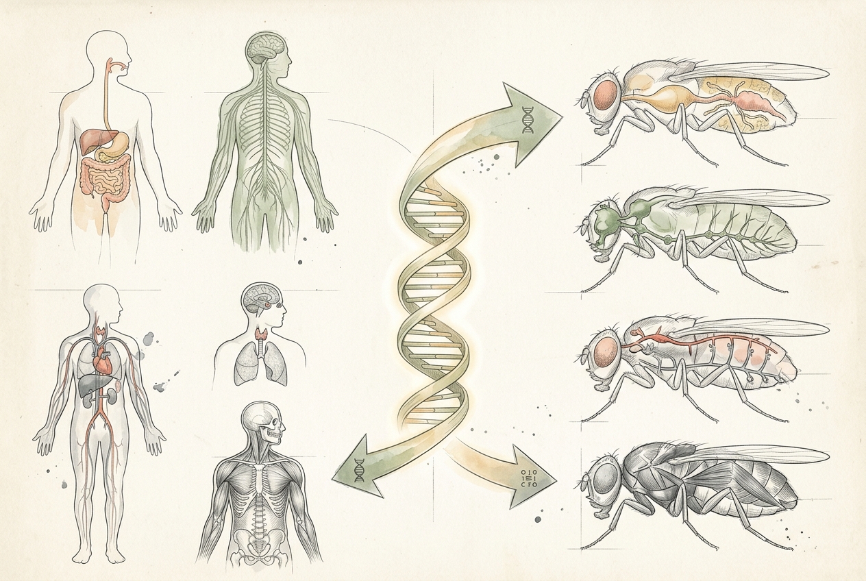 Hand-drawn comparative illustration connecting human organ systems, DNA, and Drosophila models.